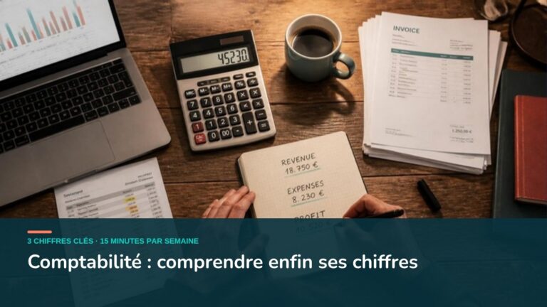 Artisan qui note ses trois chiffres clés dans un carnet, avec calculatrice, factures et relevé bancaire