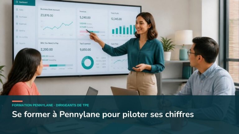 Formatrice qui présente un tableau de bord comptable à des dirigeants de TPE