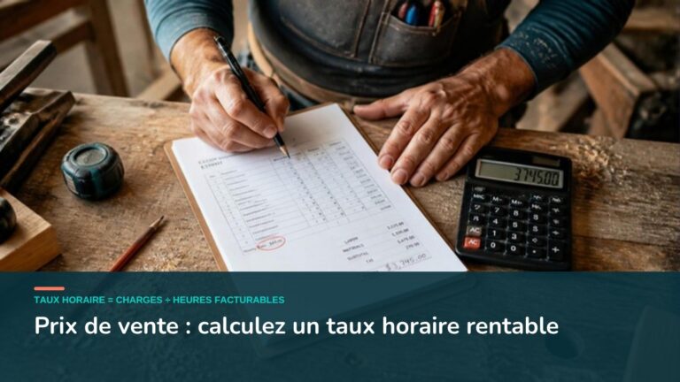 Menuisier qui calcule son prix de vente sur un devis avec une calculatrice