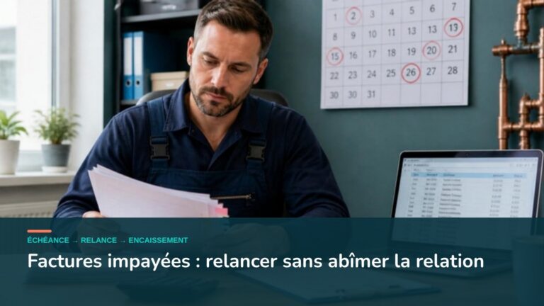 Plombier qui vérifie ses factures impayées devant un calendrier d'échéances