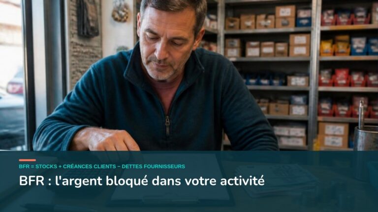 Commerçant qui analyse son besoin en fonds de roulement avec un graphique et une calculatrice