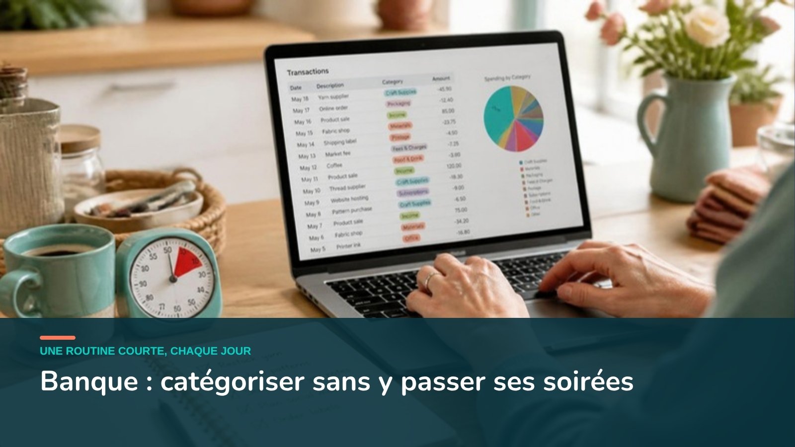 Artisane qui catégorise ses transactions bancaires sur ordinateur avec un minuteur