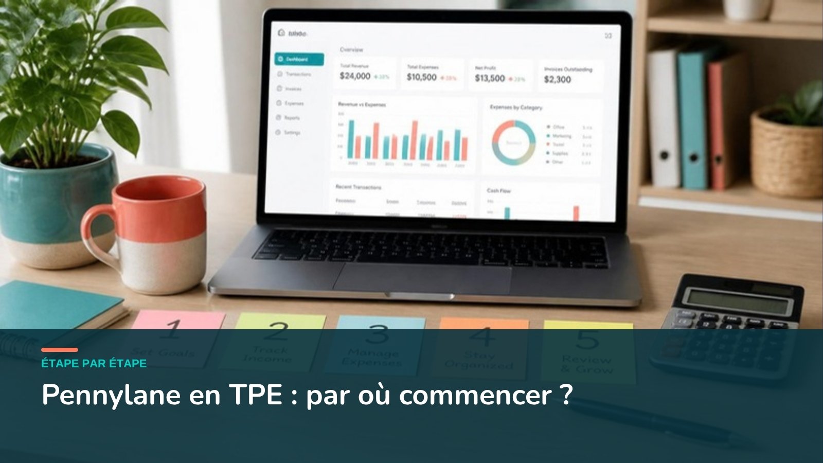Bureau avec tableau de bord comptable à l'écran et notes numérotées de 1 à 5