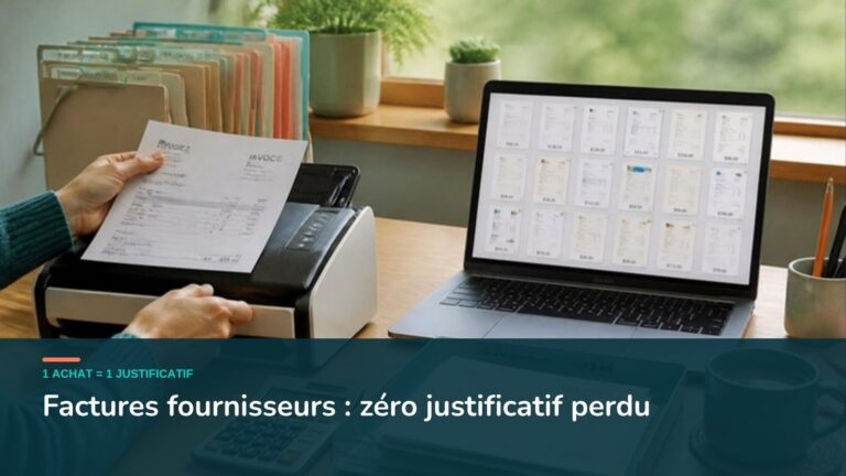 Factures fournisseurs scannées et classées, avec calculatrice et ordinateur