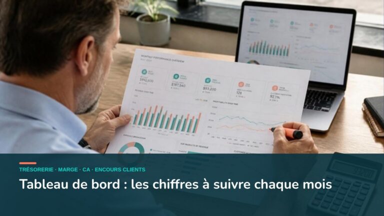 Dirigeant qui analyse son tableau de bord mensuel avec graphiques et indicateurs