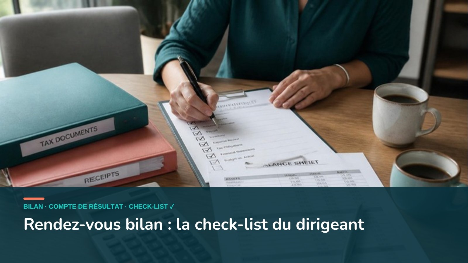 Dirigeante qui coche sa check-list avant le rendez-vous bilan, bilan comptable et calculatrice sur la table