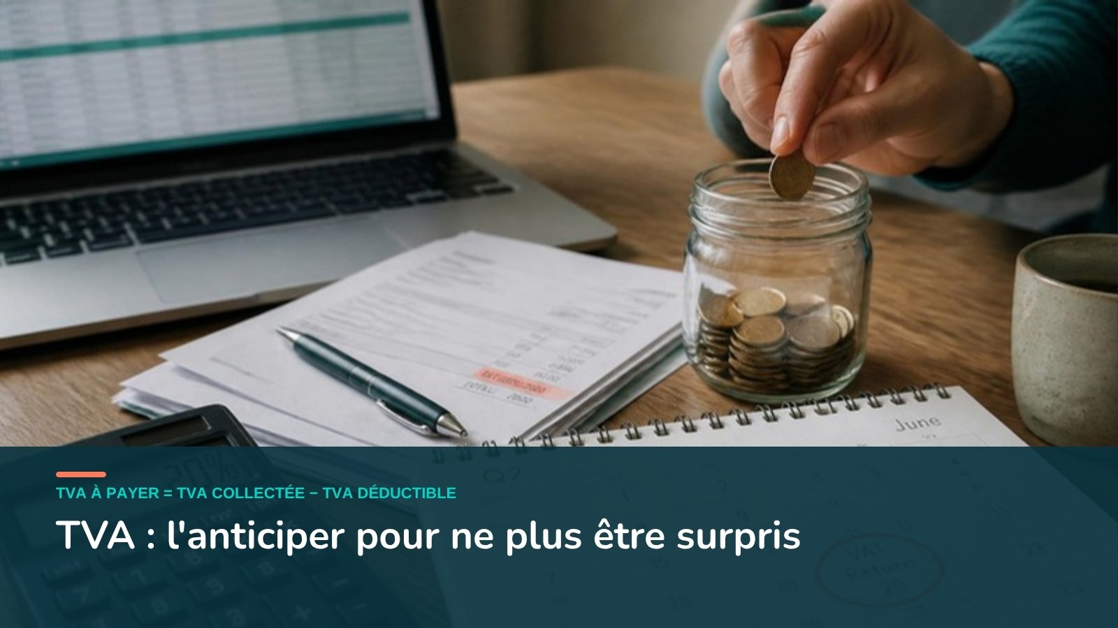 Calendrier avec échéance de TVA entourée, calculatrice et pièces mises de côté