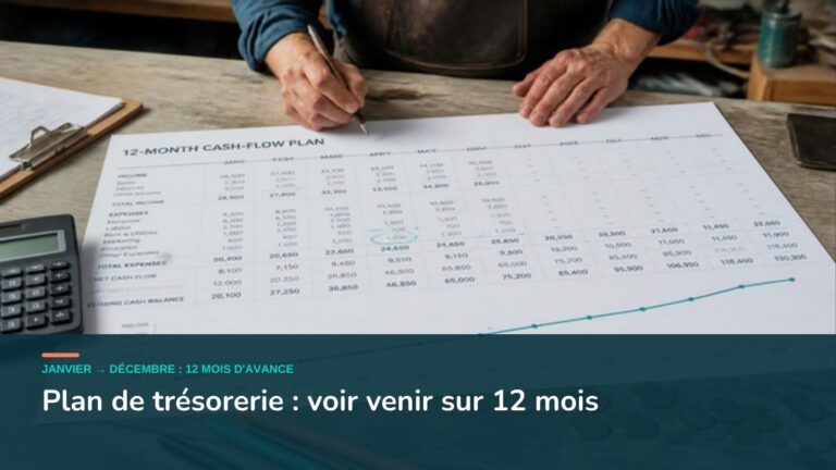 Artisan qui annote un plan de trésorerie sur 12 mois avec une courbe et une calculatrice