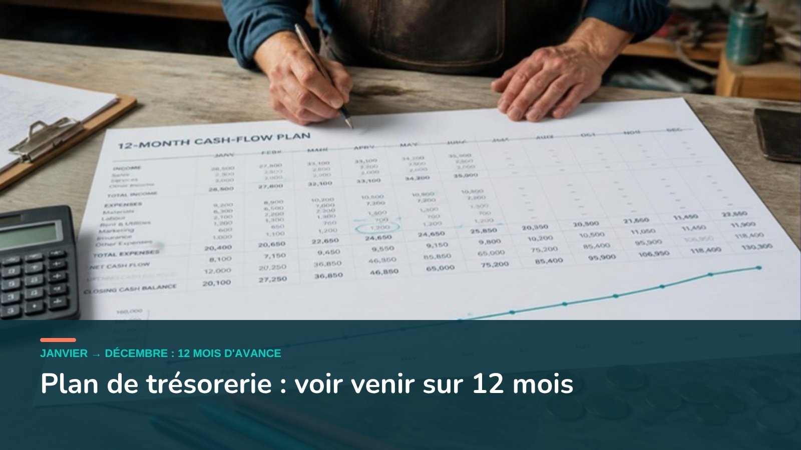 Artisan qui annote un plan de trésorerie sur 12 mois avec une courbe et une calculatrice